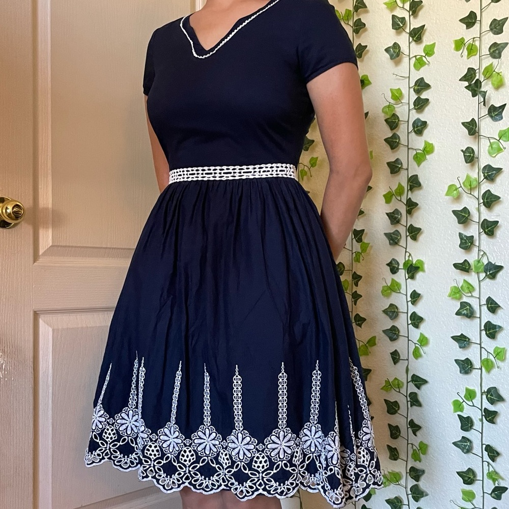 Navy and White Embroidered Fit-n-Flare Dress